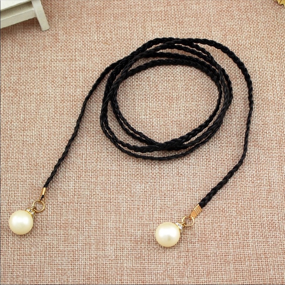 BLACK Thin Braided Faux Leather Belt with Pearls
